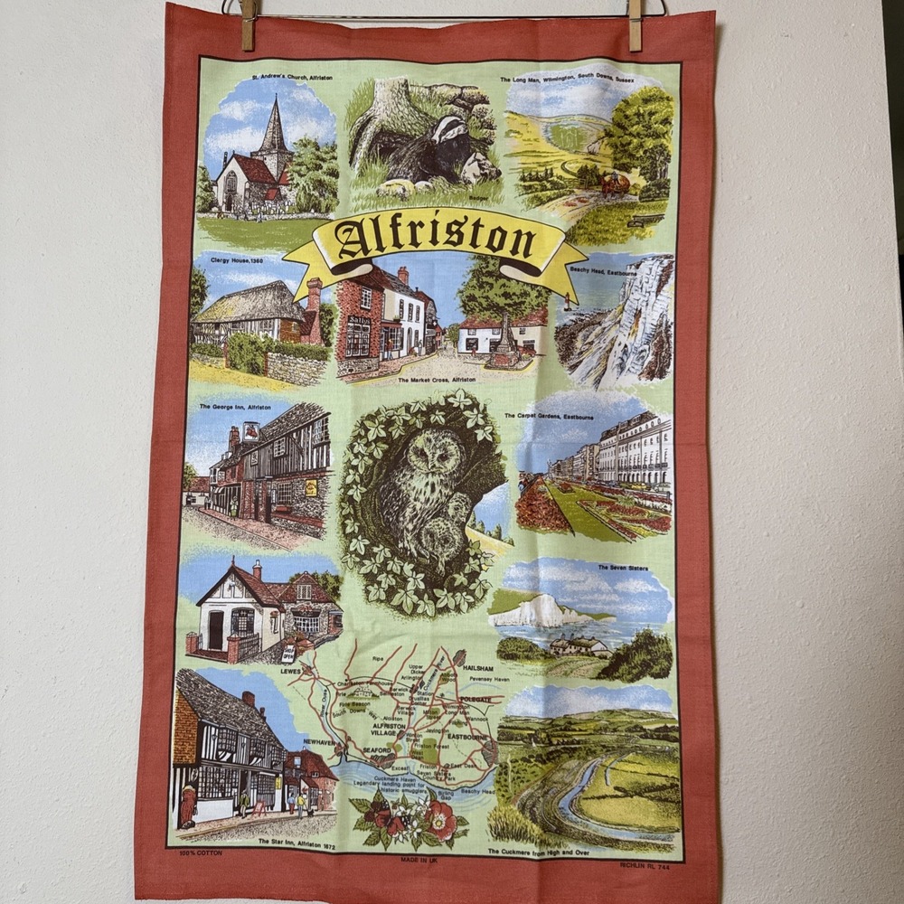 Vintage Alfriston England Souvenir Tea Towel 100% Cotton 30"x20" Made in UK